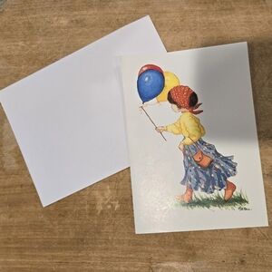 Vintage Girl with Balloons artwork blank greeting card